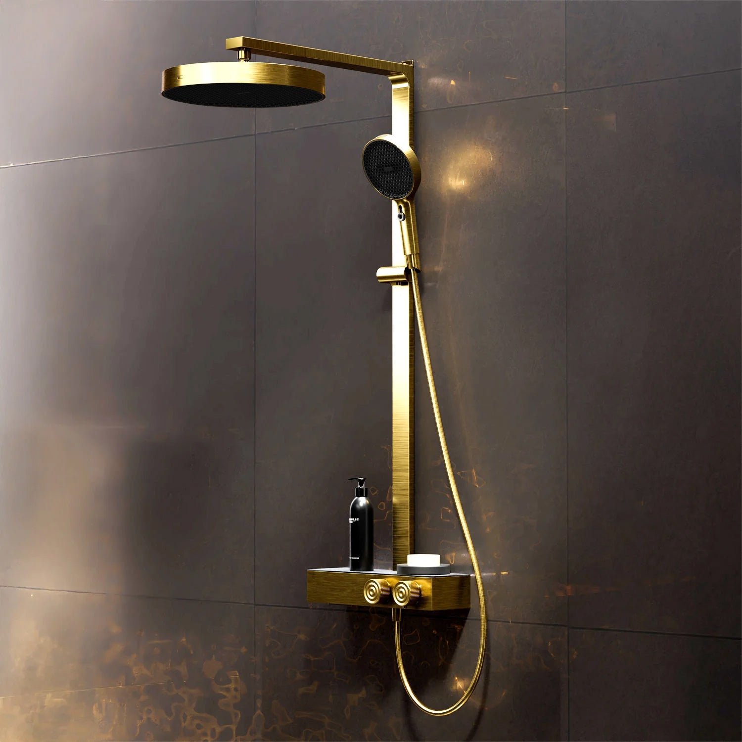 Steinberg Duschsystem mit Glasablage für 3 Verbraucher - Thermostat mit Drehknöpfen, Regenbrause, Handbrause & integriertem Schwall