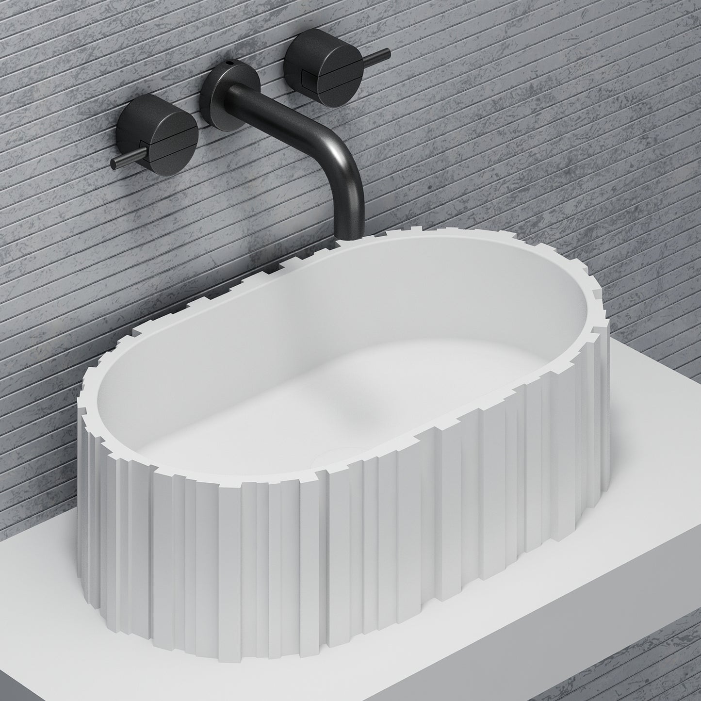 Bewater Bold Series: Aufsatz-Waschtisch oval aus Solid-Surface, weiß gerillt