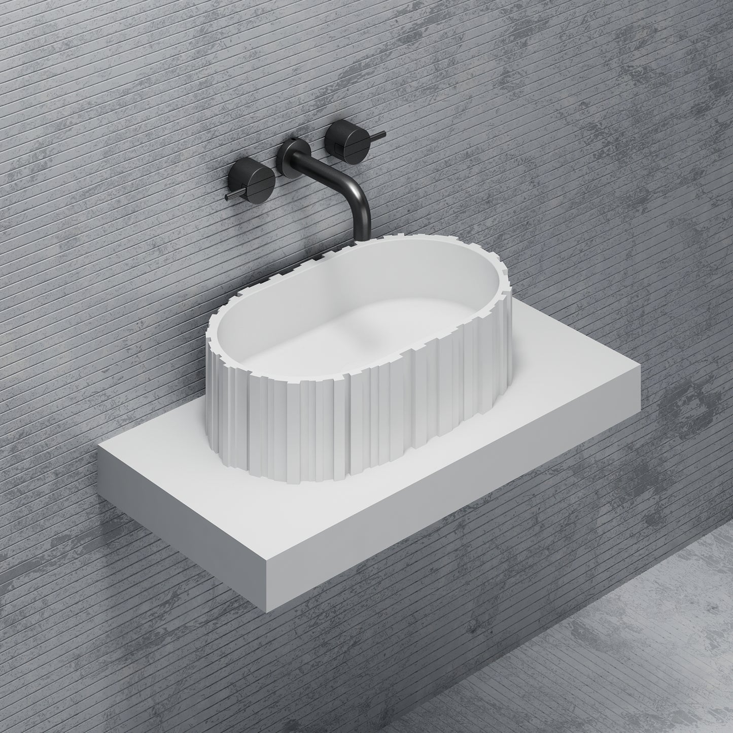 Bewater Bold Series: Aufsatz-Waschtisch oval aus Solid-Surface, weiß gerillt