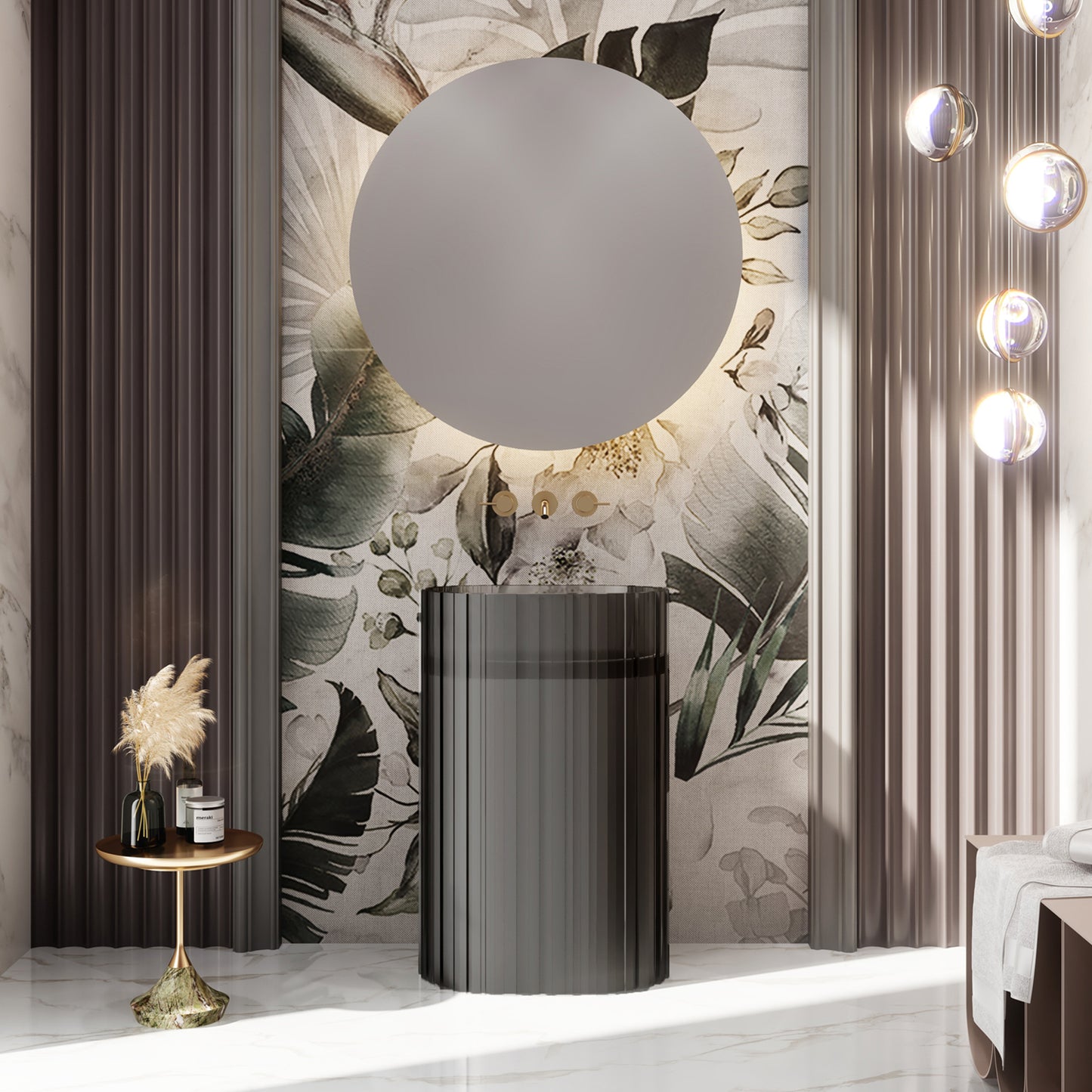 Bewater Standwaschtisch oval mit vertikaler Außenstruktur, aus Polyresin, ohne Überlauf