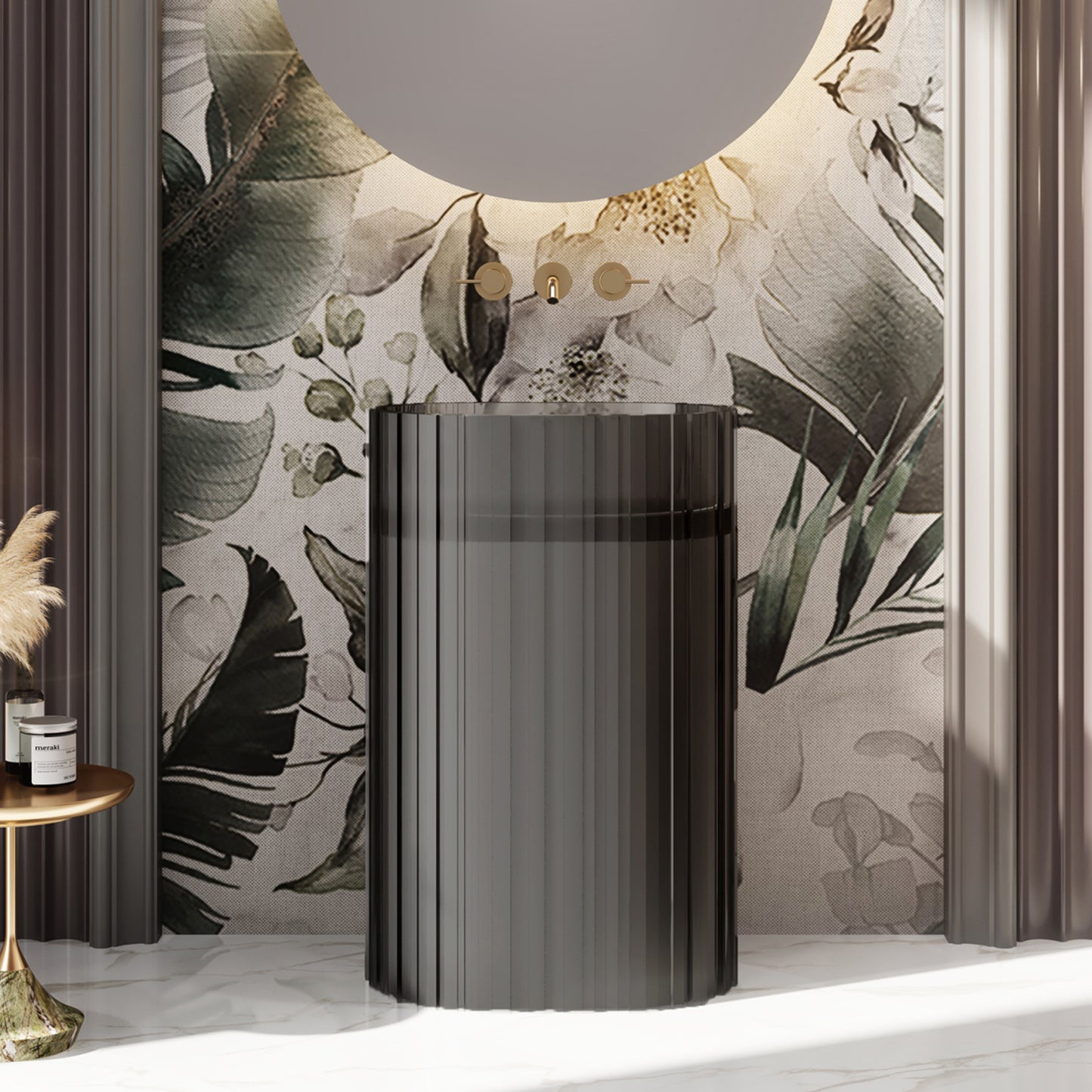 Bewater Standwaschtisch oval mit vertikaler Außenstruktur, aus Polyresin, ohne Überlauf