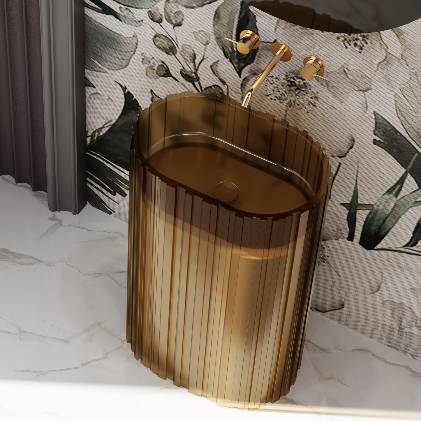 Bewater Standwaschtisch oval mit vertikaler Außenstruktur, aus Polyresin, ohne Überlauf