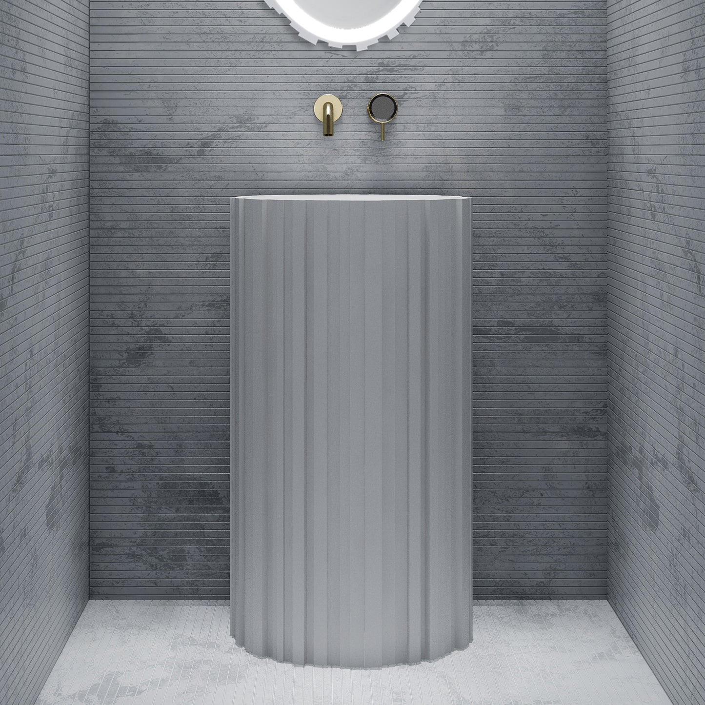 Bewater Bold Series: freistehender Waschtisch rund aus Solid-Surface, weiß gerillt