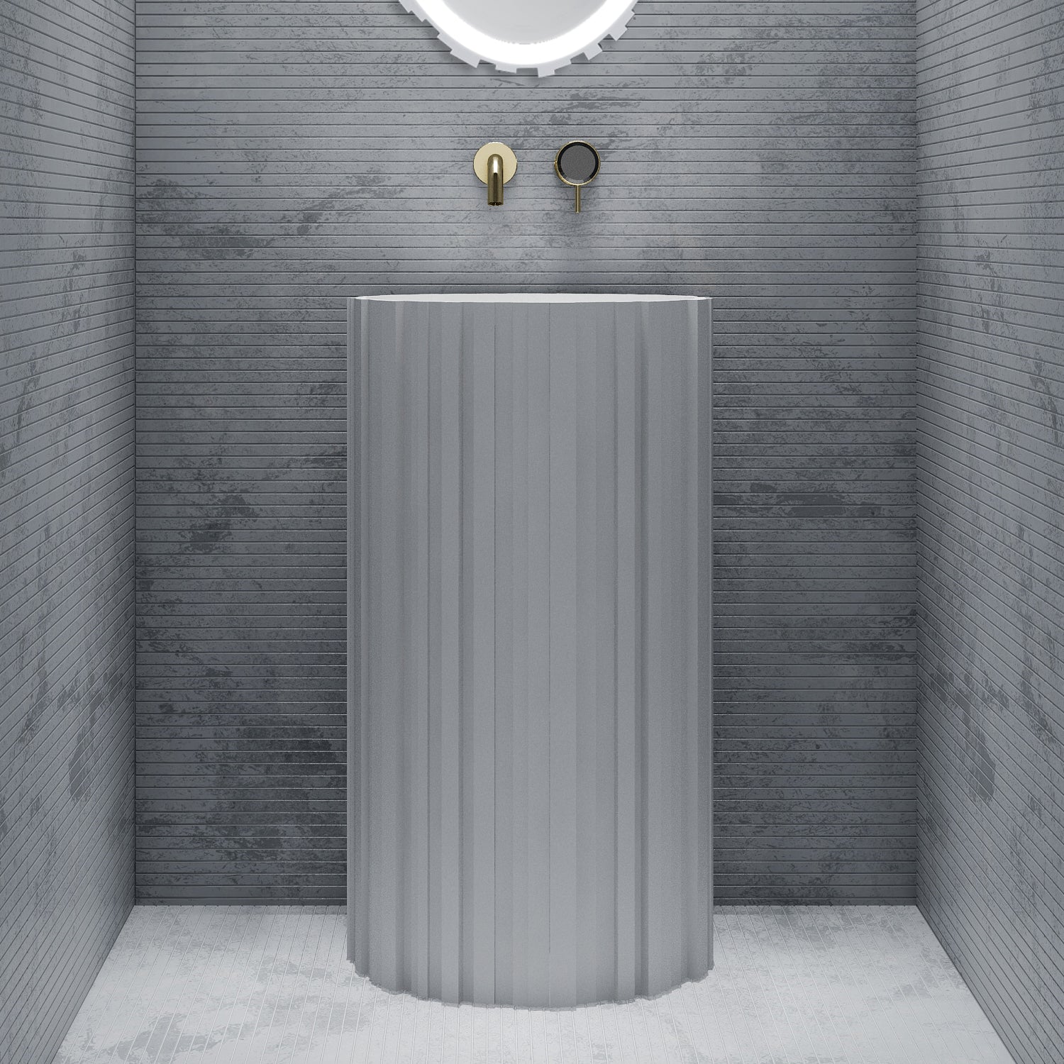 Bewater Bold Series: freistehender Waschtisch rund aus Solid-Surface, weiß gerillt