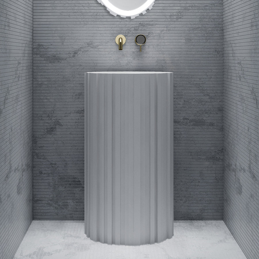 Bewater Bold Series: freistehender Waschtisch rund aus Solid-Surface, weiß gerillt