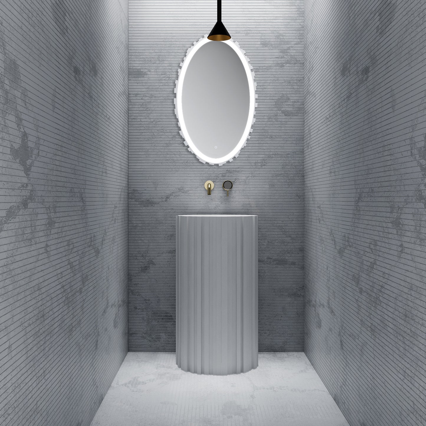 Bewater Bold Series: freistehender Waschtisch rund aus Solid-Surface, weiß gerillt