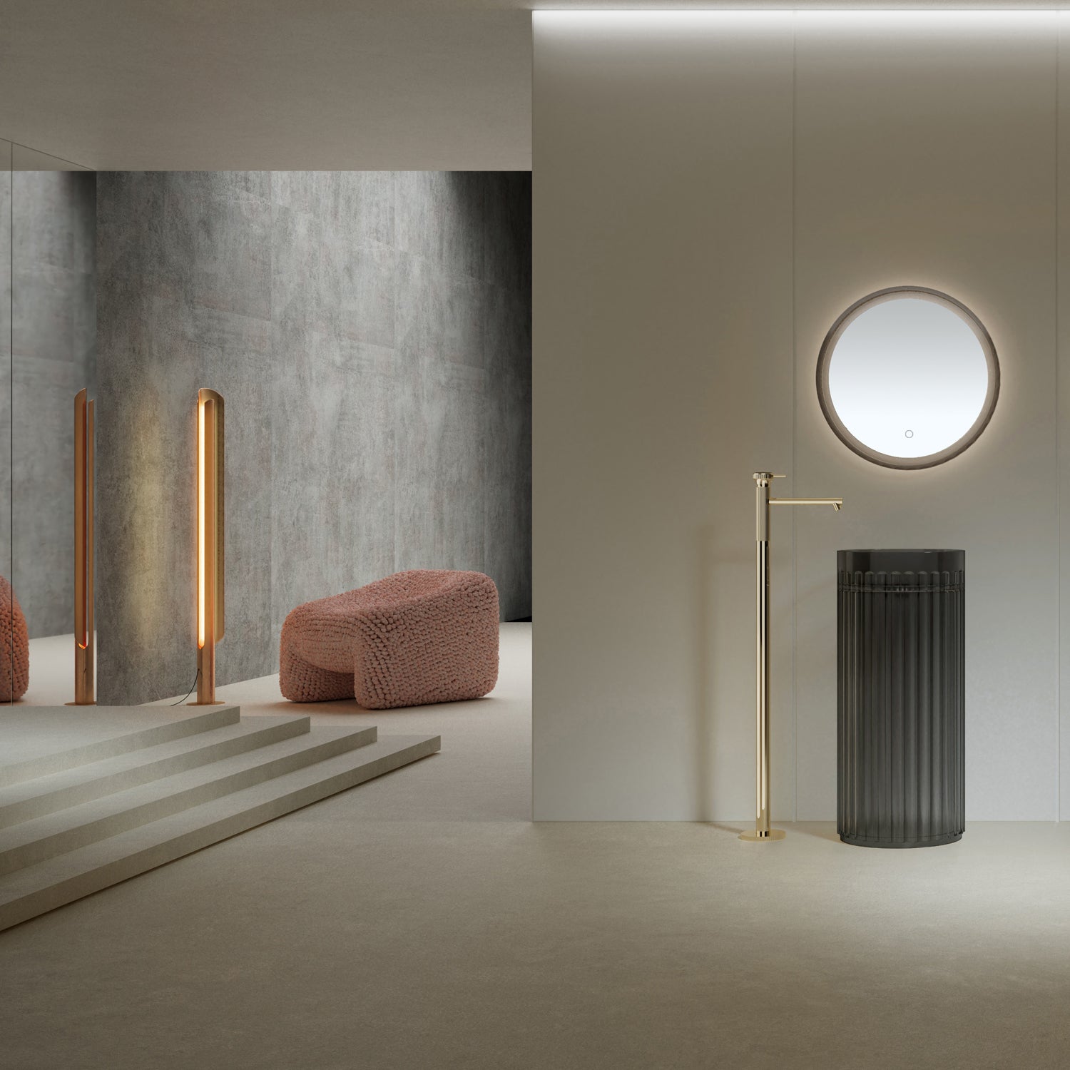 Bewater stand washbasin Made of polyresin, cylindrical with vertically grooved outer structure, without overflow
