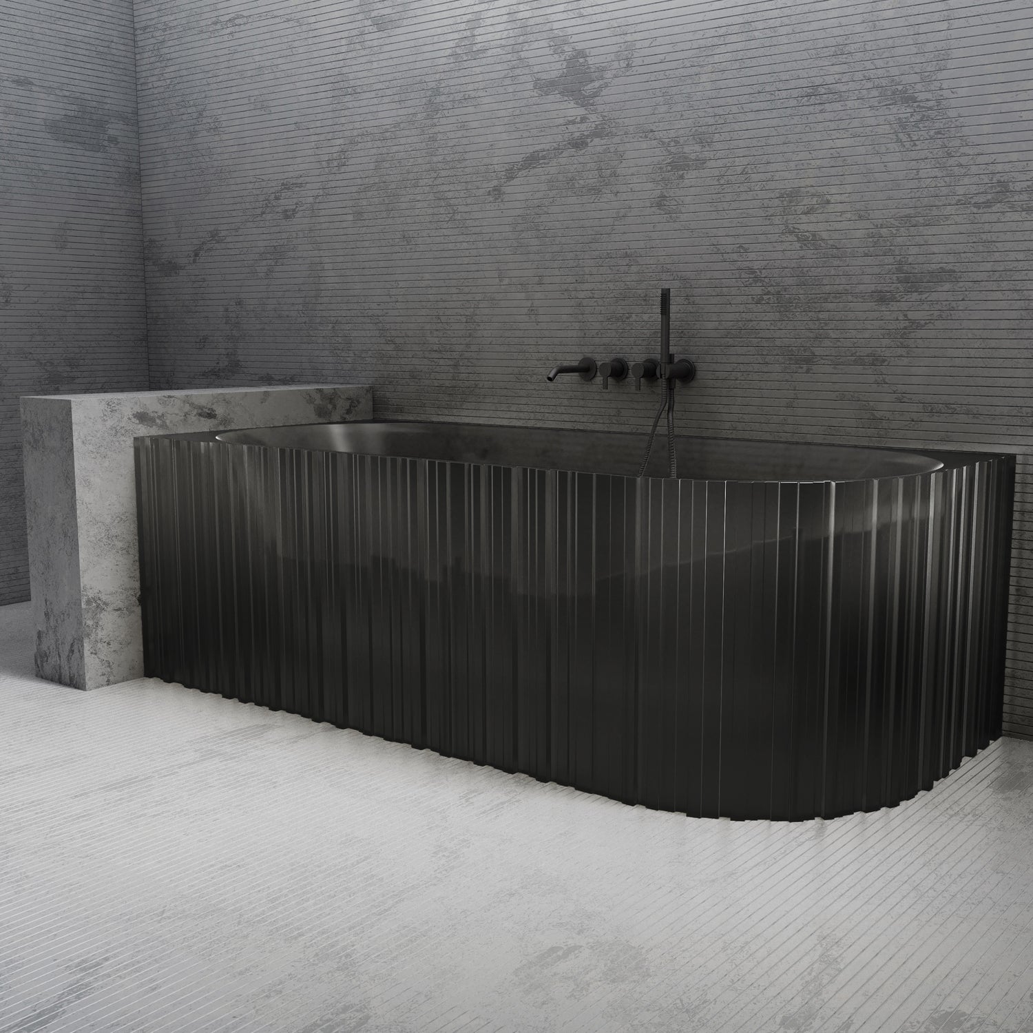 Bewater cornerbathtub left, with vertical external structure, made of polyresin, without overflow including drain fitting