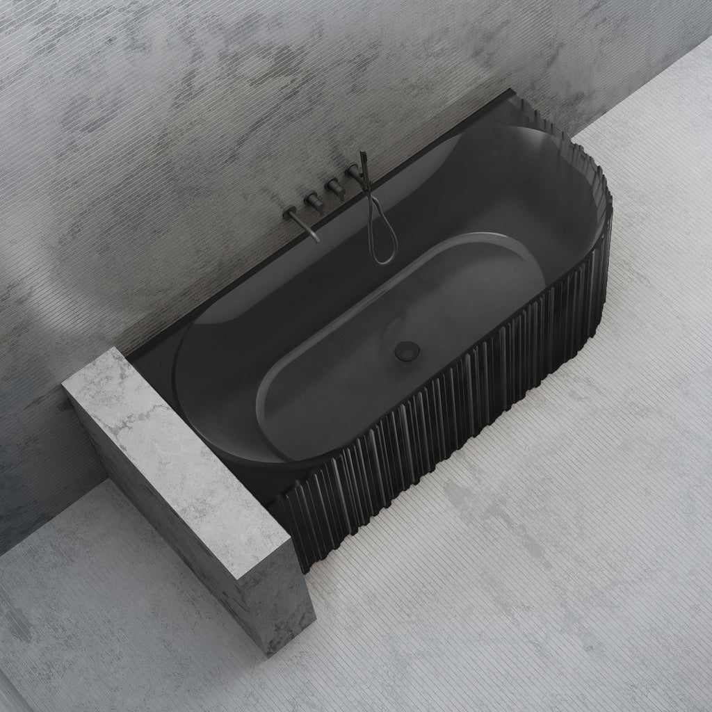 Bewater cornerbathtub left, with vertical external structure, made of polyresin, without overflow including drain fitting
