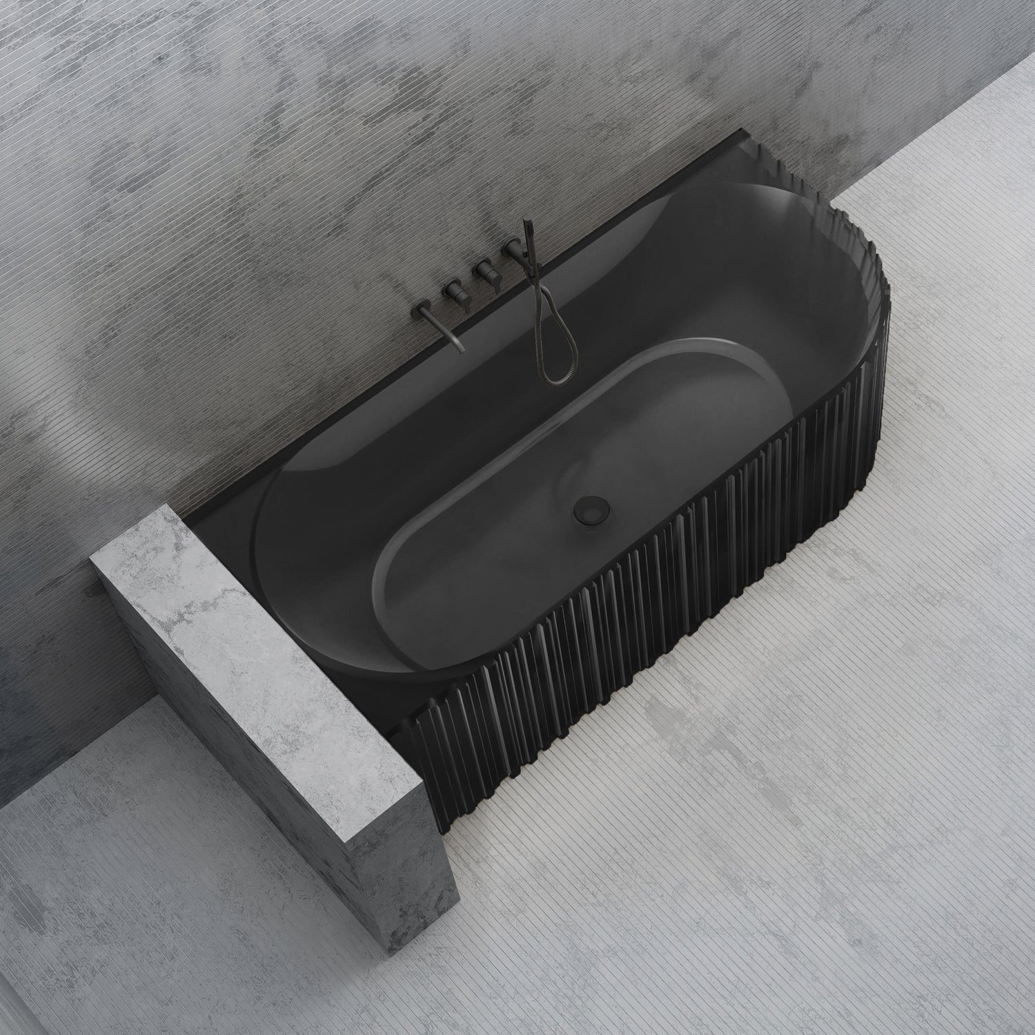 Bewater cornerbathtub left, with vertical external structure, made of polyresin, without overflow including drain fitting