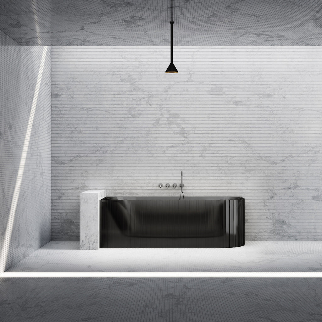 Bewater cornerbathtub left, with vertical external structure, made of polyresin, without overflow including drain fitting