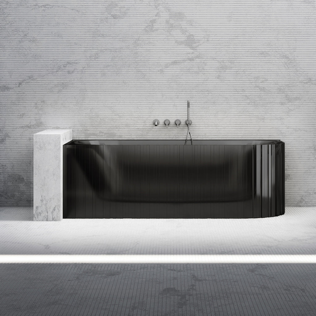 Bewater cornerbathtub left, with vertical external structure, made of polyresin, without overflow including drain fitting