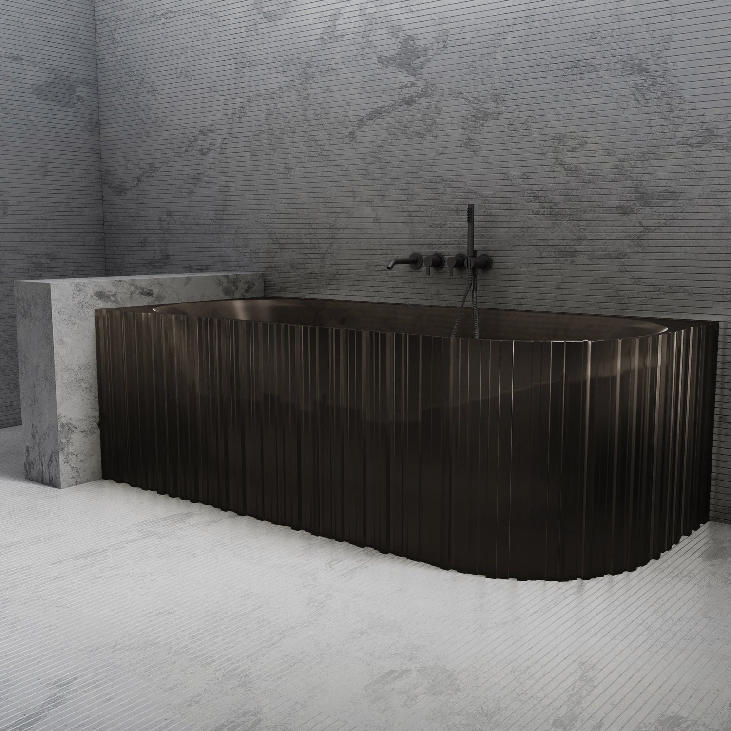 Bewater cornerbathtub left, with vertical external structure, made of polyresin, without overflow including drain fitting
