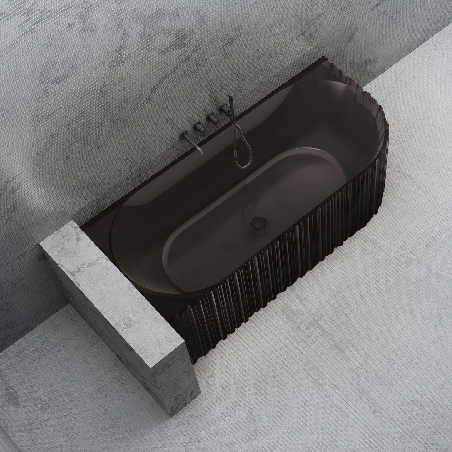 Bewater Eck-Badewanne links, mit vertikaler Außenstruktur, aus Polyresin, ohne Überlauf inkl. Ablaufgarnitur