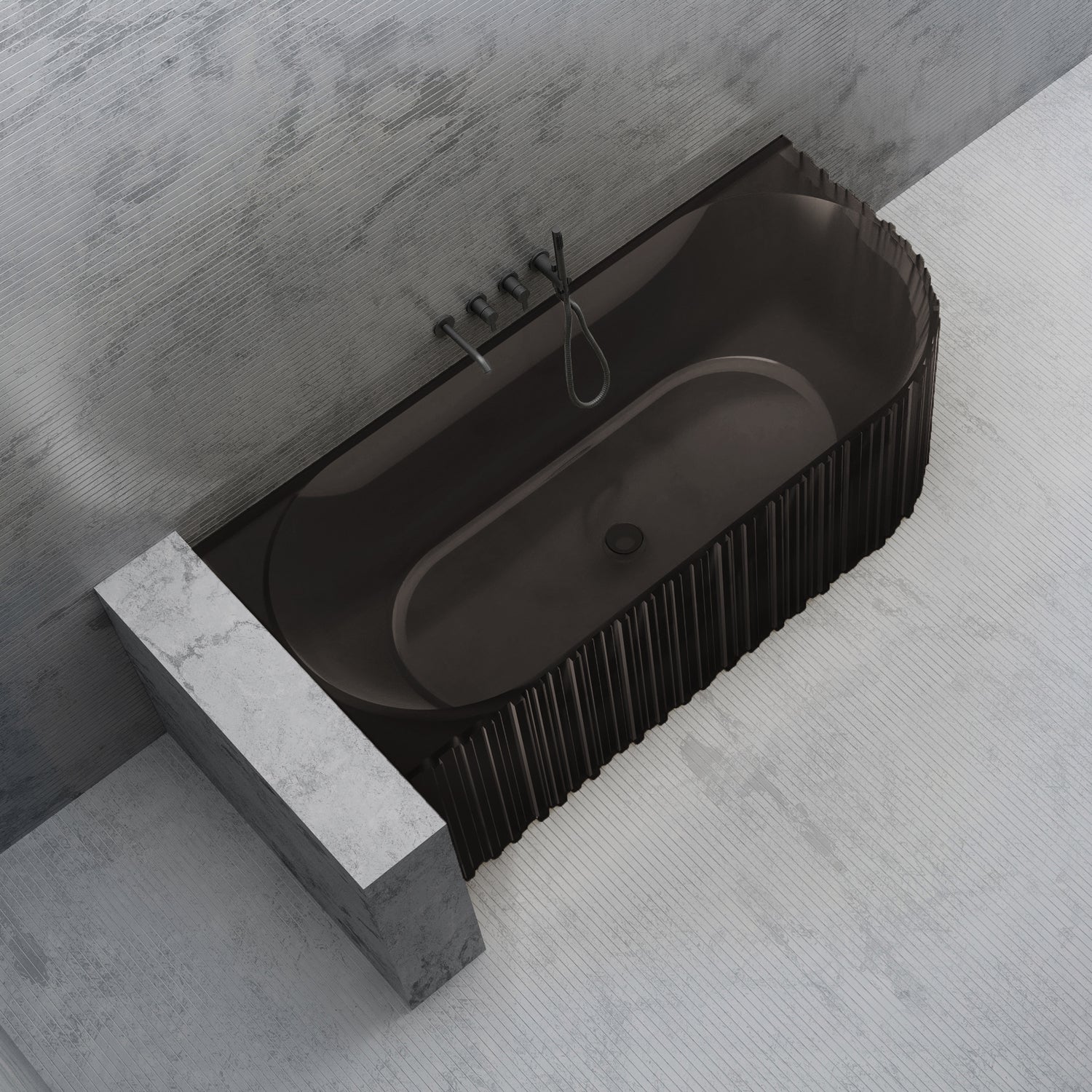 Bewater cornerbathtub left, with vertical external structure, made of polyresin, without overflow including drain fitting