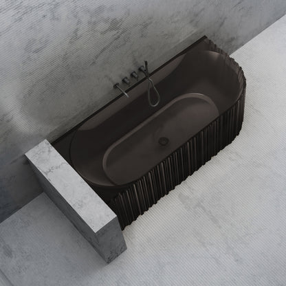 Bewater Eck-Badewanne links, mit vertikaler Außenstruktur, aus Polyresin, ohne Überlauf inkl. Ablaufgarnitur