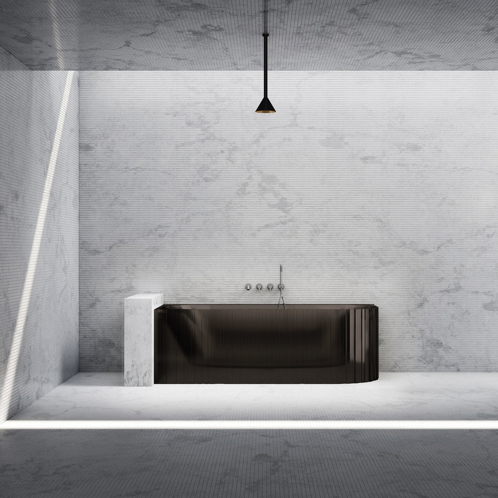 Bewater cornerbathtub left, with vertical external structure, made of polyresin, without overflow including drain fitting