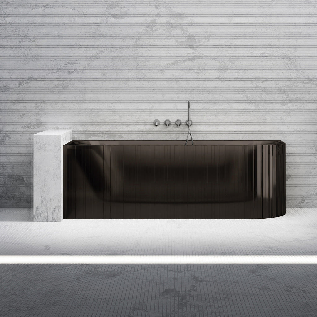 Bewater cornerbathtub left, with vertical external structure, made of polyresin, without overflow including drain fitting