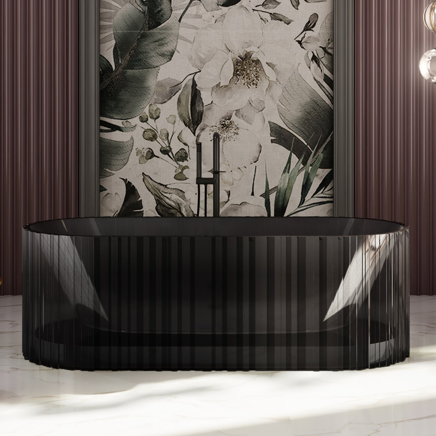 Bewater freistehende Badewanne mit vertikaler Außenstruktur, aus Polyresin, ohne Überlauf , inkl. Ablaufgarnitur