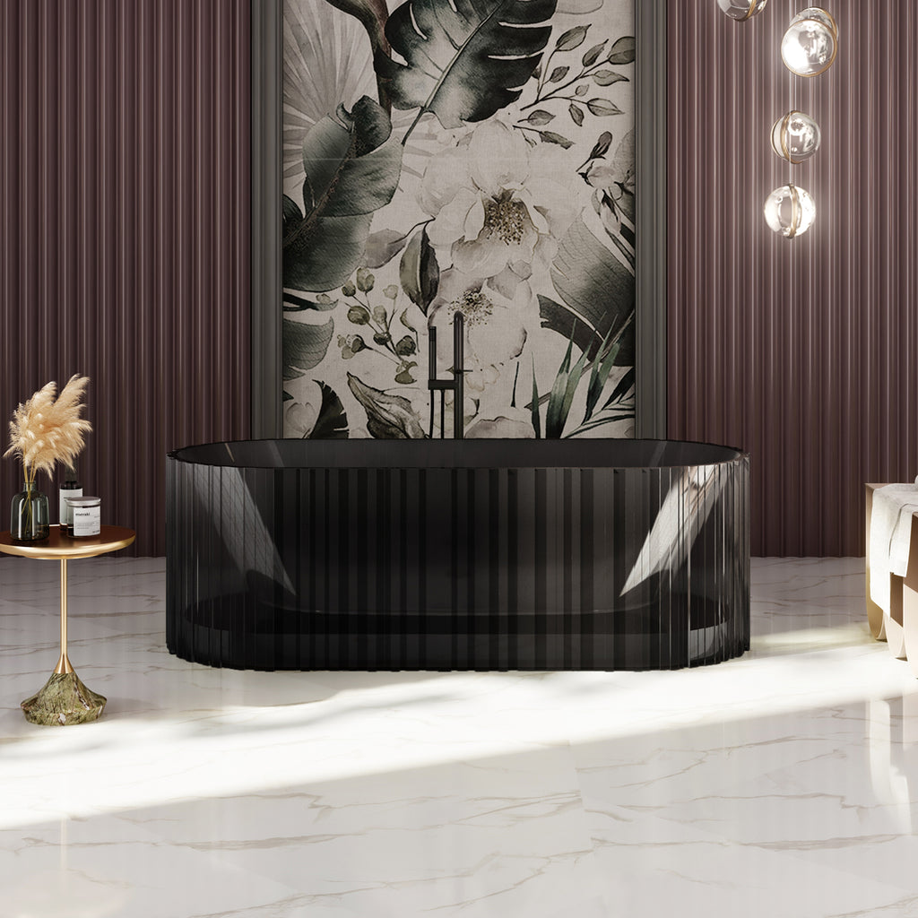 Bewater freistehende Badewanne mit vertikaler Außenstruktur, aus Polyresin, ohne Überlauf , inkl. Ablaufgarnitur