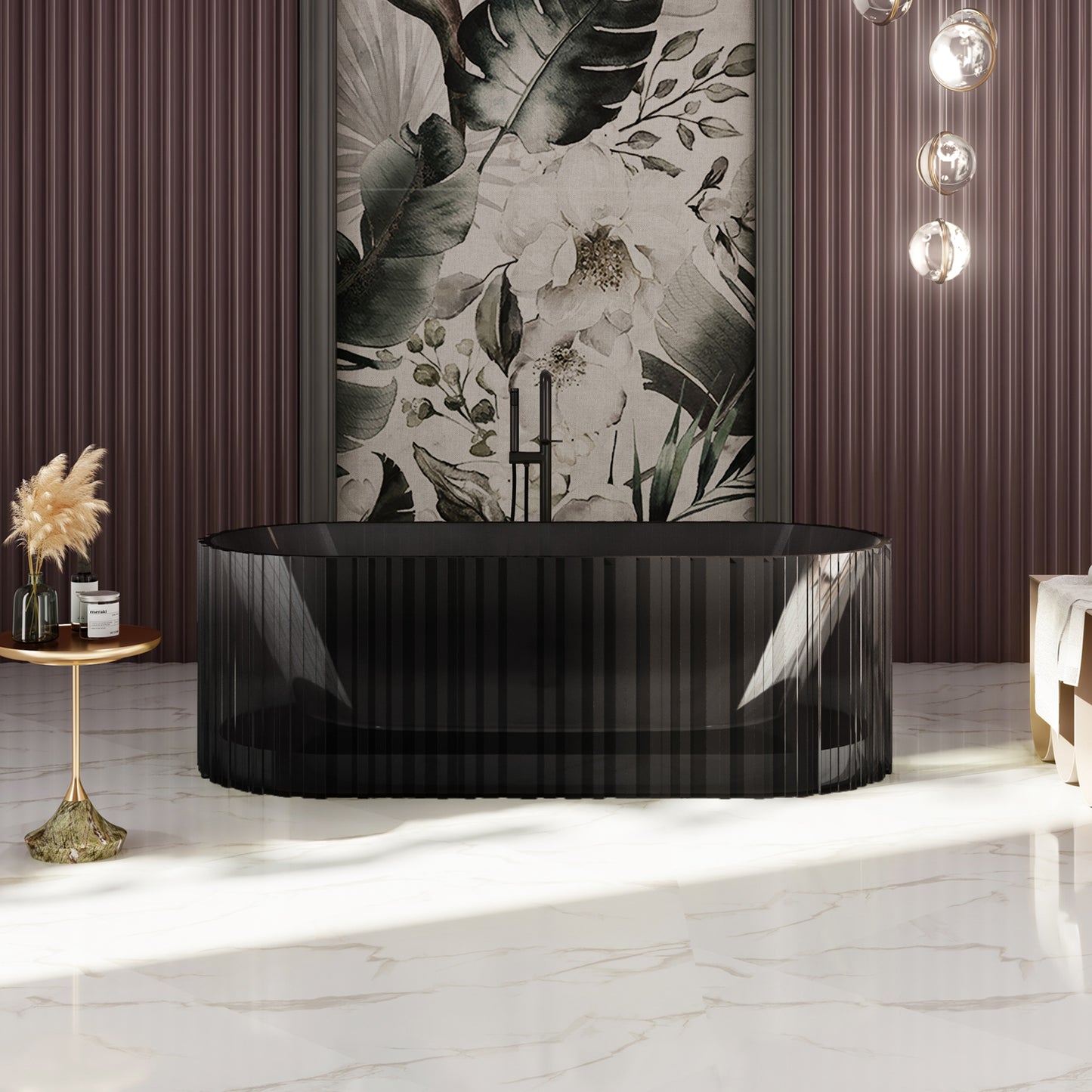 Bewater freistehende Badewanne mit vertikaler Außenstruktur, aus Polyresin, ohne Überlauf , inkl. Ablaufgarnitur