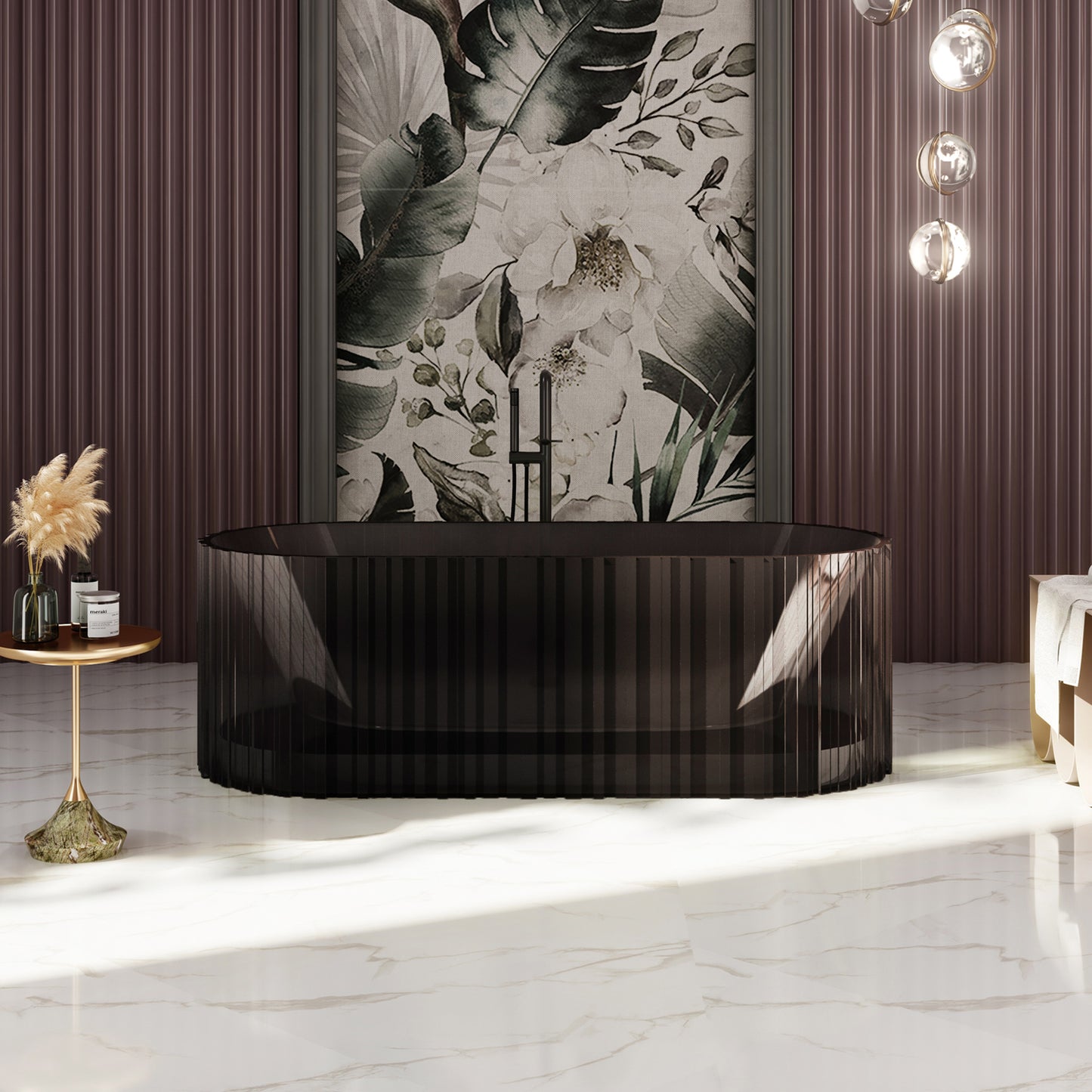 Bewater freistehende Badewanne mit vertikaler Außenstruktur, aus Polyresin, ohne Überlauf , inkl. Ablaufgarnitur