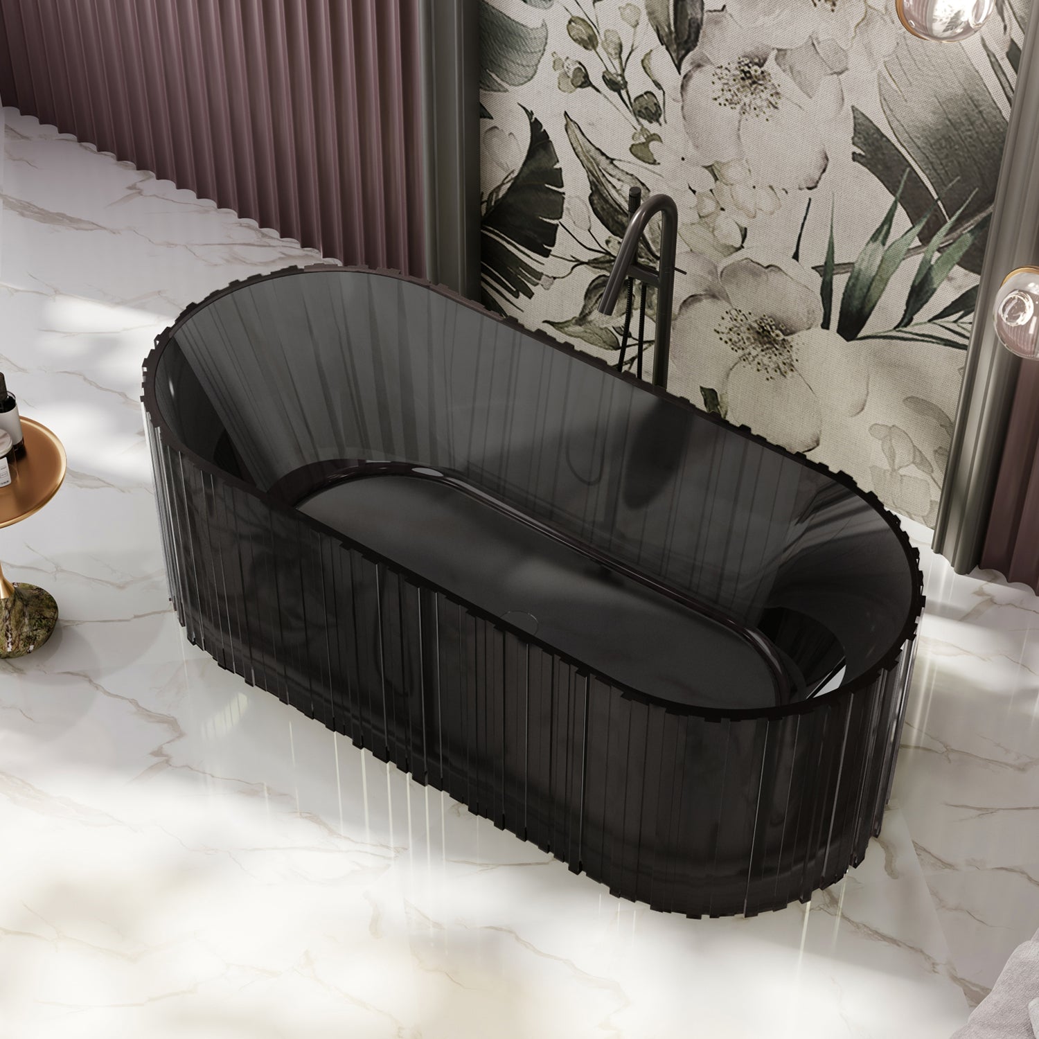 Bewater freistehende Badewanne mit vertikaler Außenstruktur, aus Polyresin, ohne Überlauf , inkl. Ablaufgarnitur