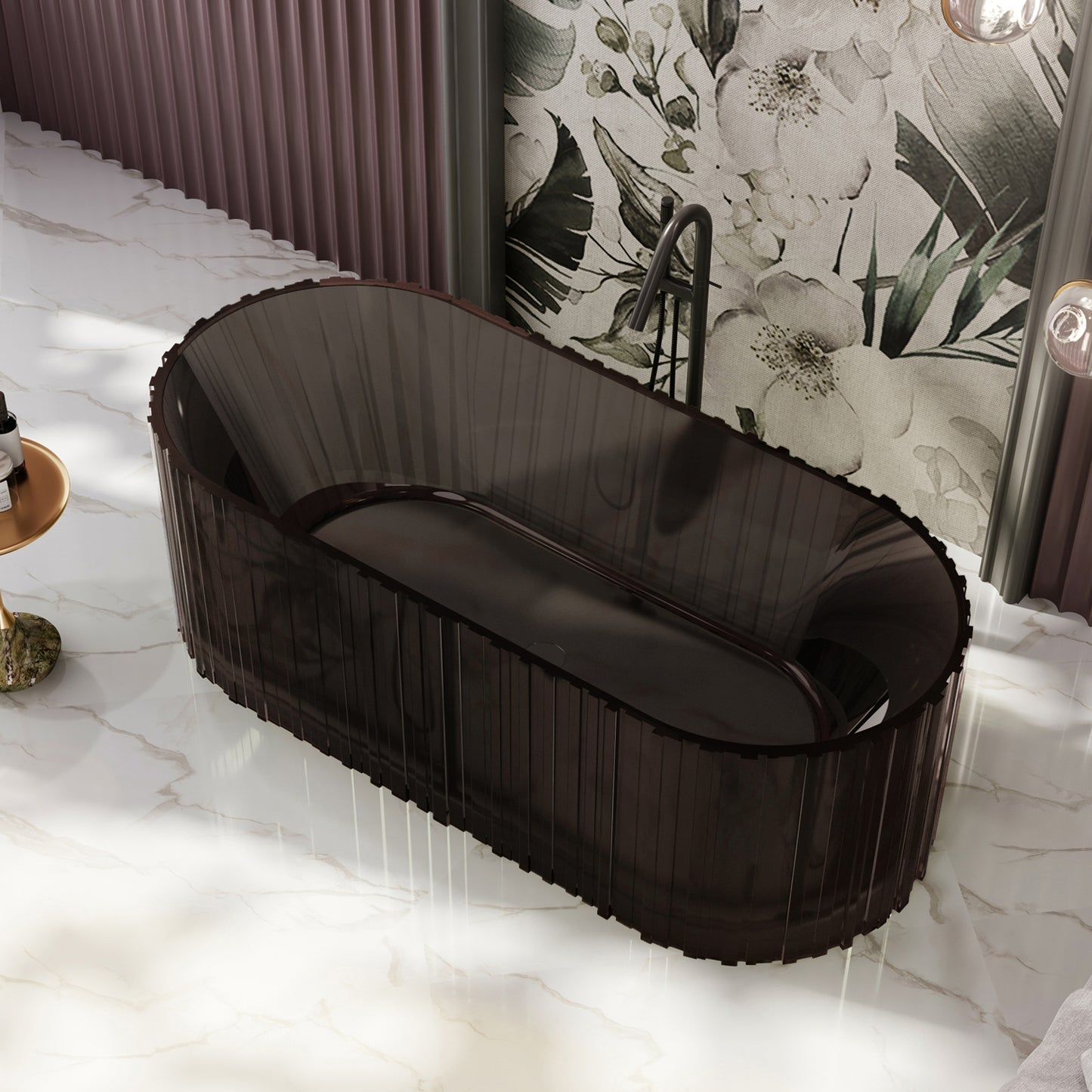 Bewater freistehende Badewanne mit vertikaler Außenstruktur, aus Polyresin, ohne Überlauf , inkl. Ablaufgarnitur