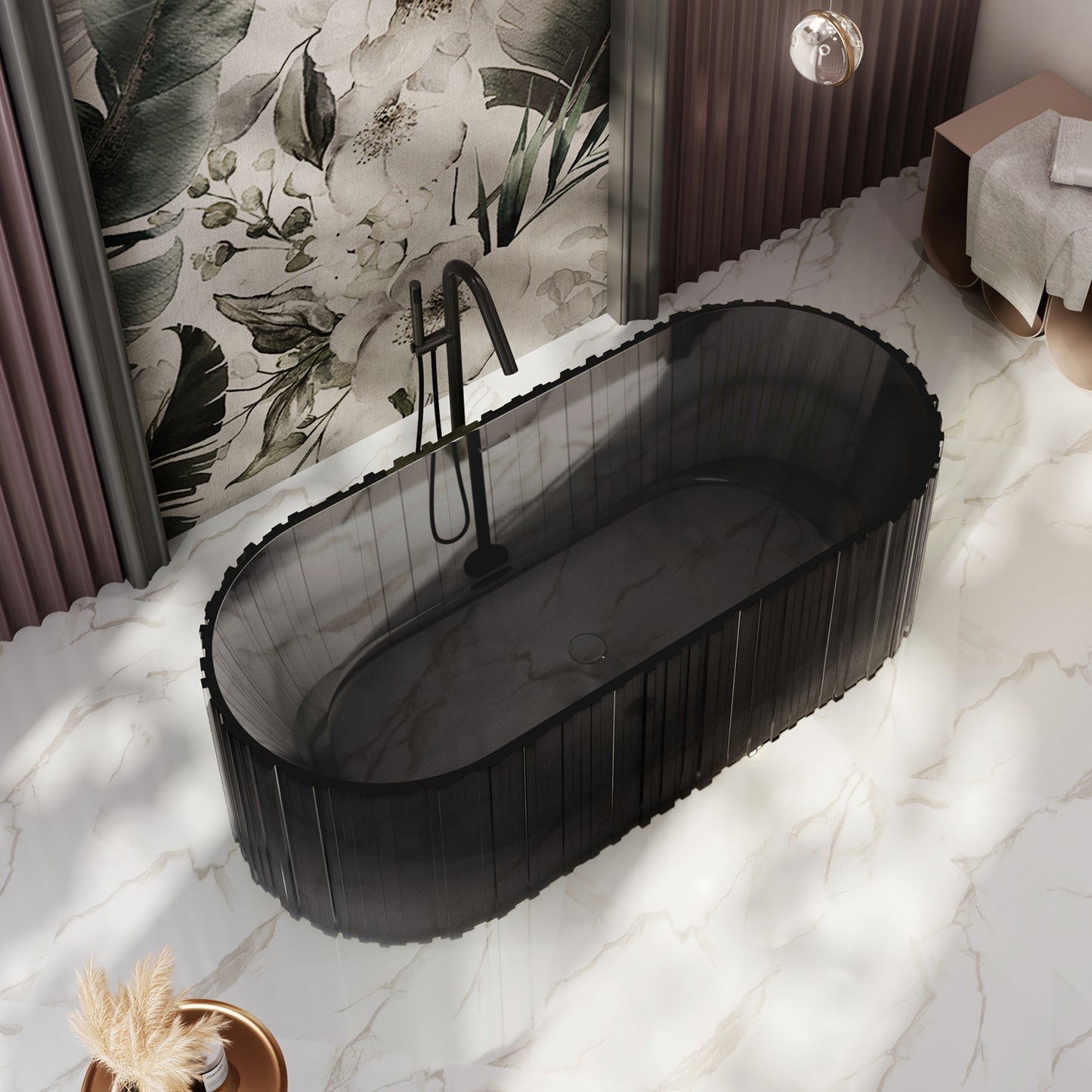 Bewater freistehende Badewanne mit vertikaler Außenstruktur, aus Polyresin, ohne Überlauf , inkl. Ablaufgarnitur