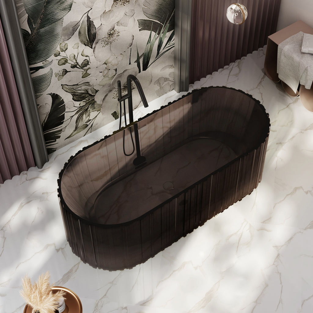 Bewater freistehende Badewanne mit vertikaler Außenstruktur, aus Polyresin, ohne Überlauf , inkl. Ablaufgarnitur