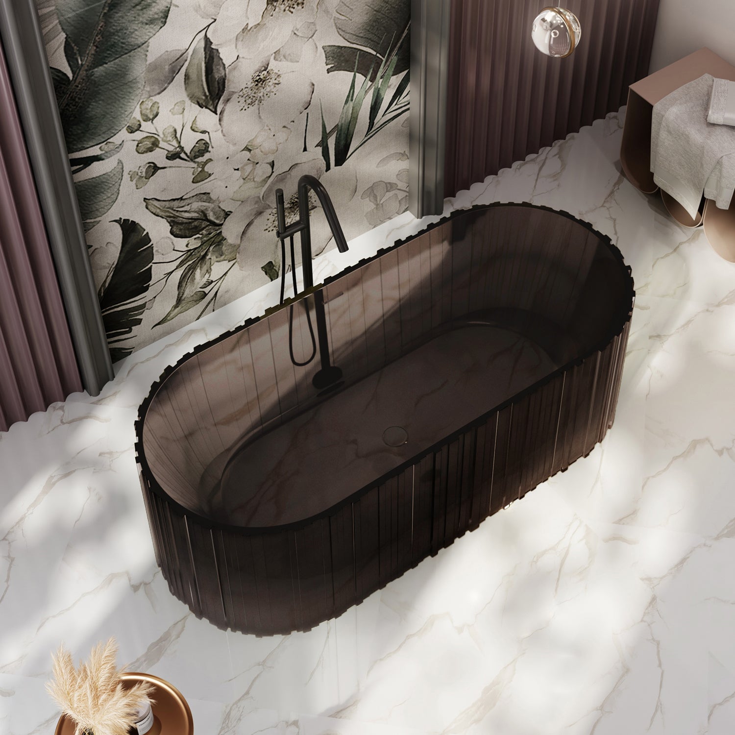 Bewater freistehende Badewanne mit vertikaler Außenstruktur, aus Polyresin, ohne Überlauf , inkl. Ablaufgarnitur