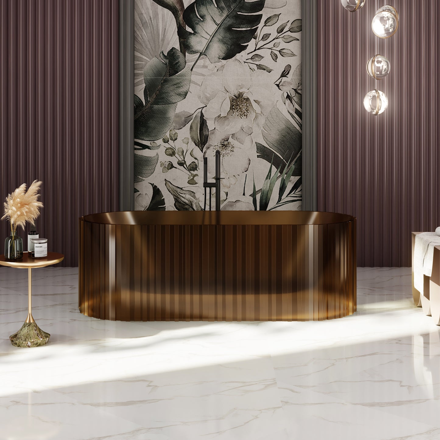 Bewater freistehende Badewanne mit vertikaler Außenstruktur, aus Polyresin, ohne Überlauf , inkl. Ablaufgarnitur