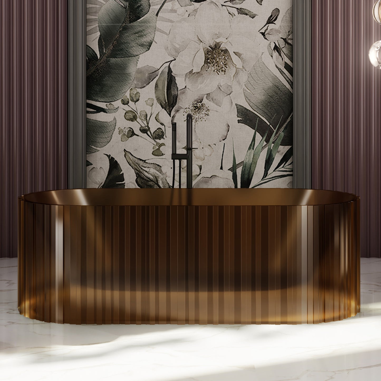 Bewater freistehende Badewanne mit vertikaler Außenstruktur, aus Polyresin, ohne Überlauf , inkl. Ablaufgarnitur