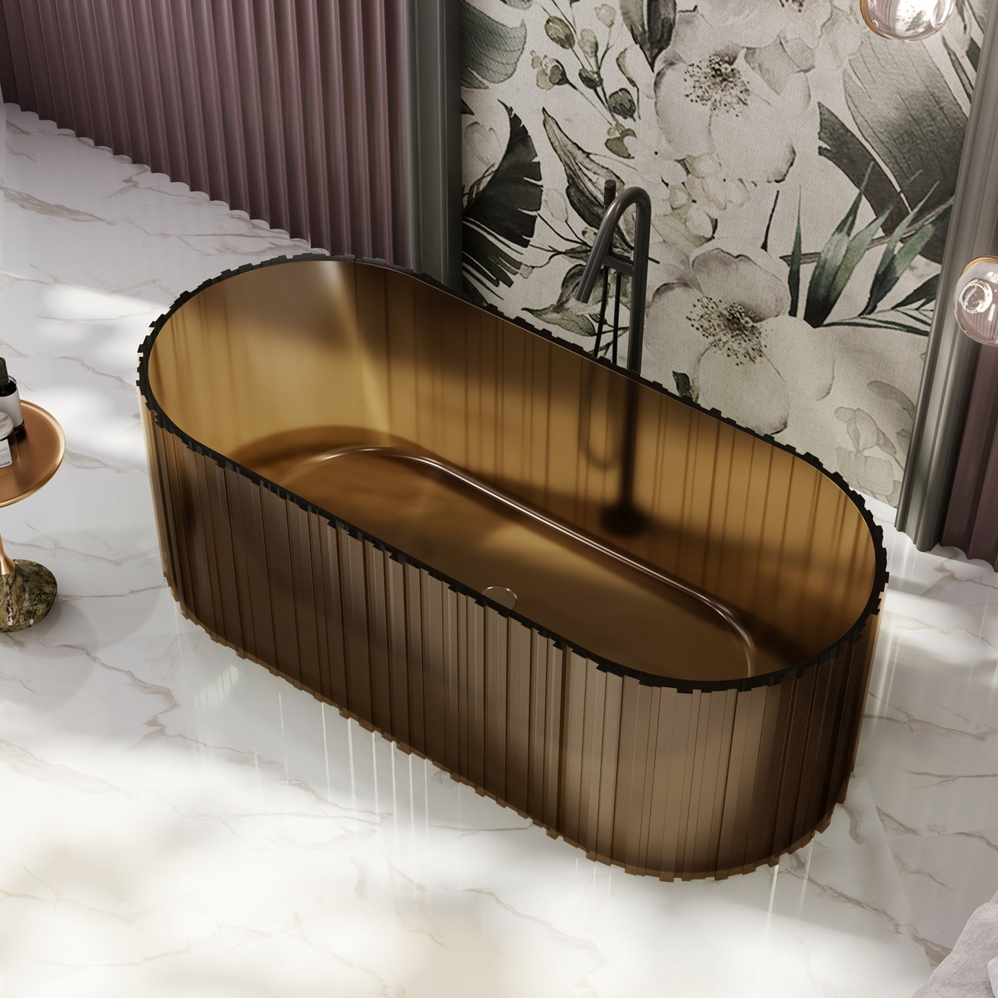 Bewater freistehende Badewanne mit vertikaler Außenstruktur, aus Polyresin, ohne Überlauf , inkl. Ablaufgarnitur