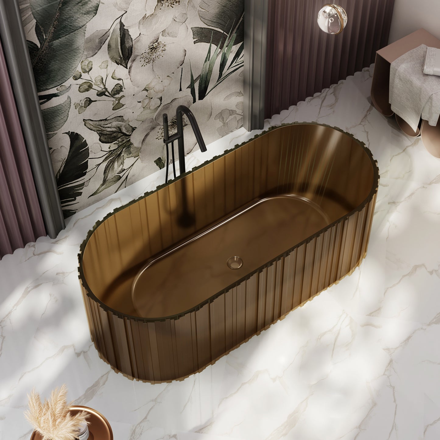 Bewater freistehende Badewanne mit vertikaler Außenstruktur, aus Polyresin, ohne Überlauf , inkl. Ablaufgarnitur