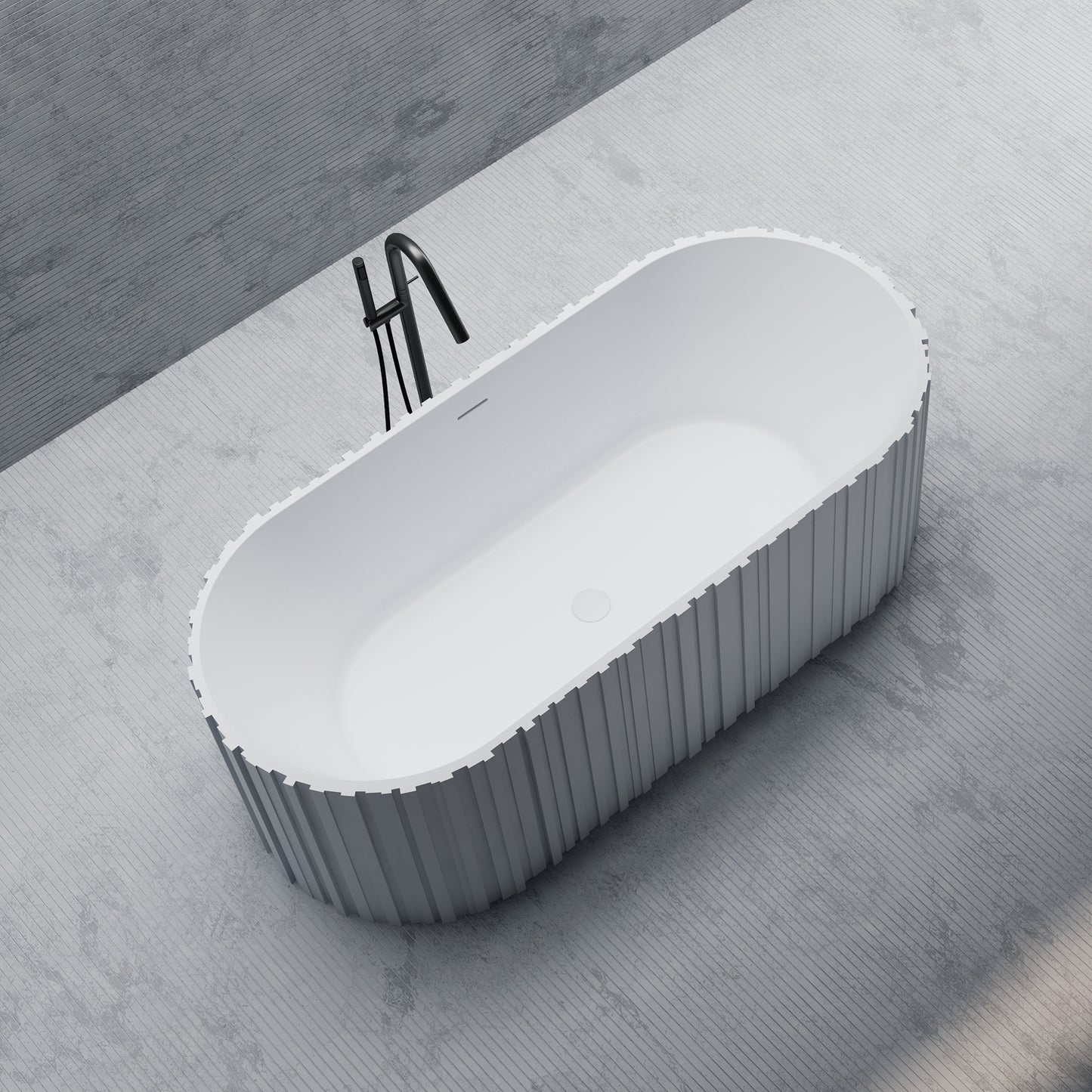 Bewater Bold Series: Freistehende Badewanne aus Solid-Surface, weiß gerillt