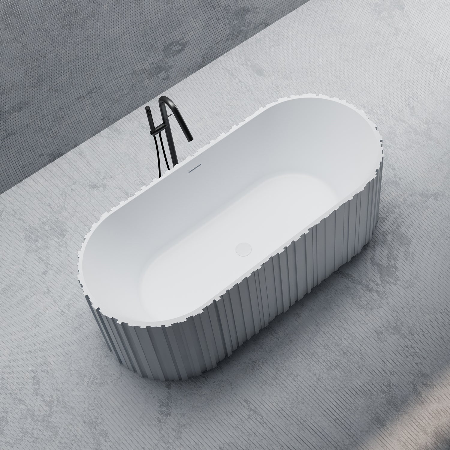 Bewater Bold Series: Freistehende Badewanne aus Solid-Surface, weiß gerillt