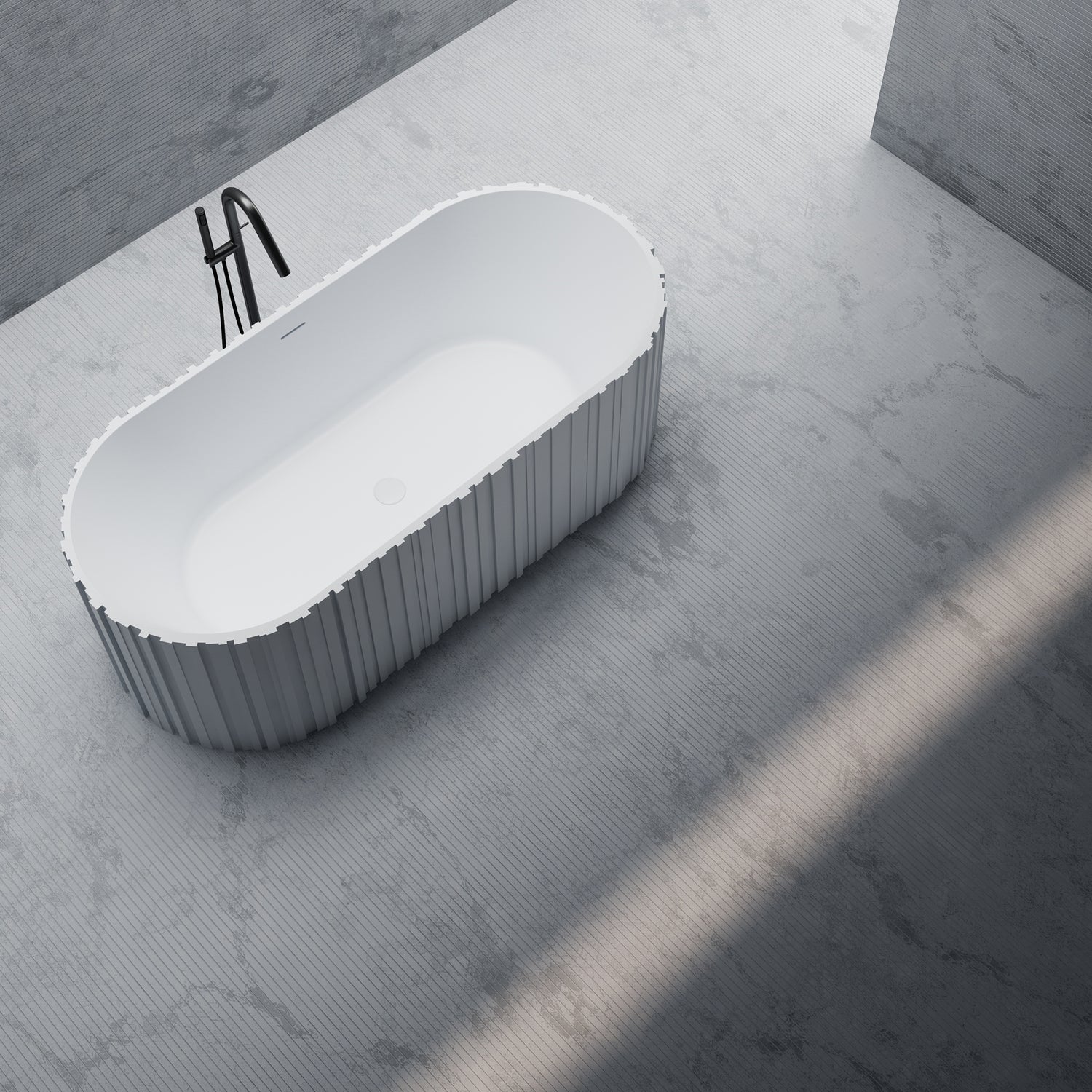 Bewater Bold Series: Freistehende Badewanne aus Solid-Surface, weiß gerillt
