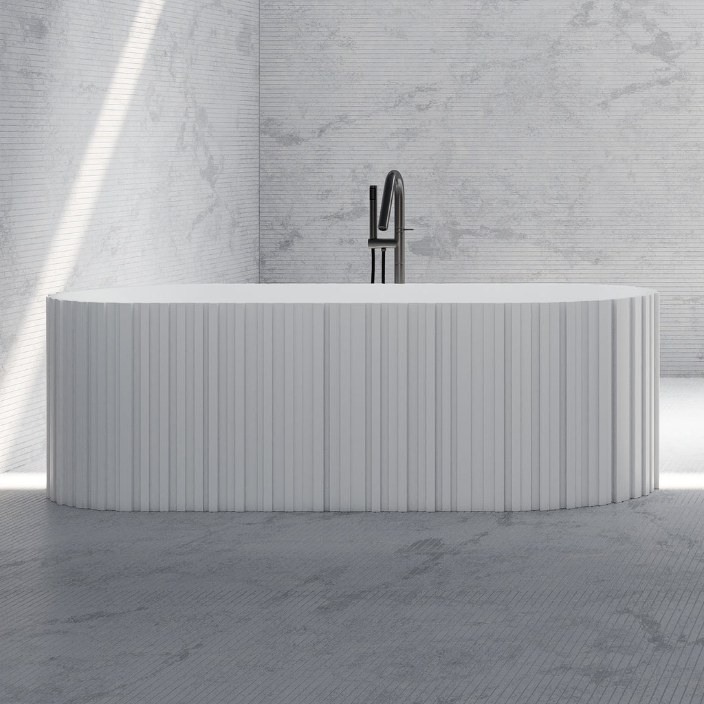 Bewater Bold Series: Freistehende Badewanne aus Solid-Surface, weiß gerillt