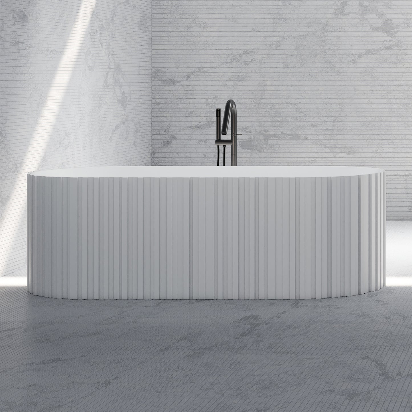 Bewater Bold Series: Freistehende Badewanne aus Solid-Surface, weiß gerillt