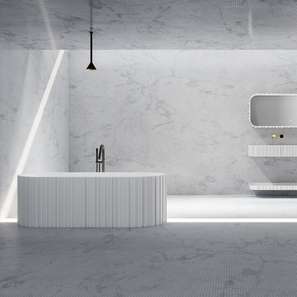 Bewater Bold Series: Freistehende Badewanne aus Solid-Surface, weiß gerillt