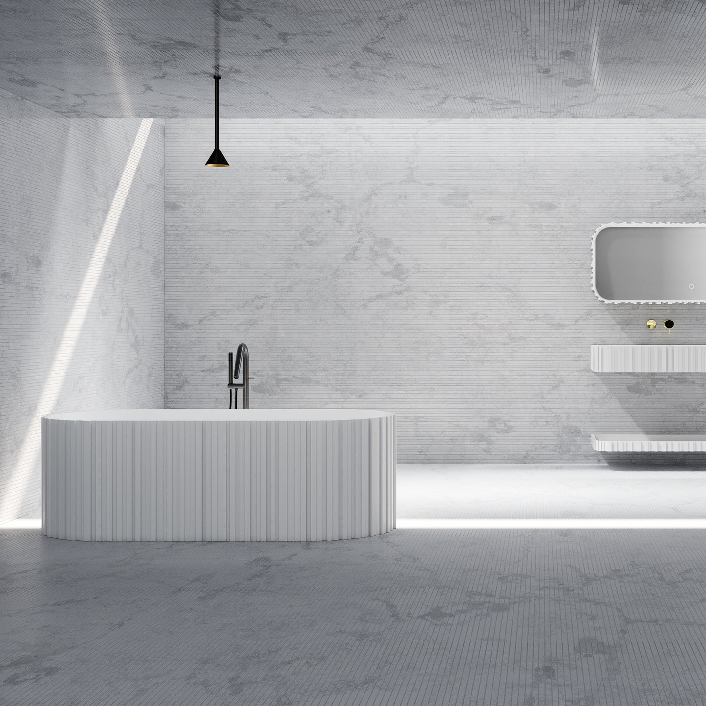 Bewater Bold Series: Freistehende Badewanne aus Solid-Surface, weiß gerillt