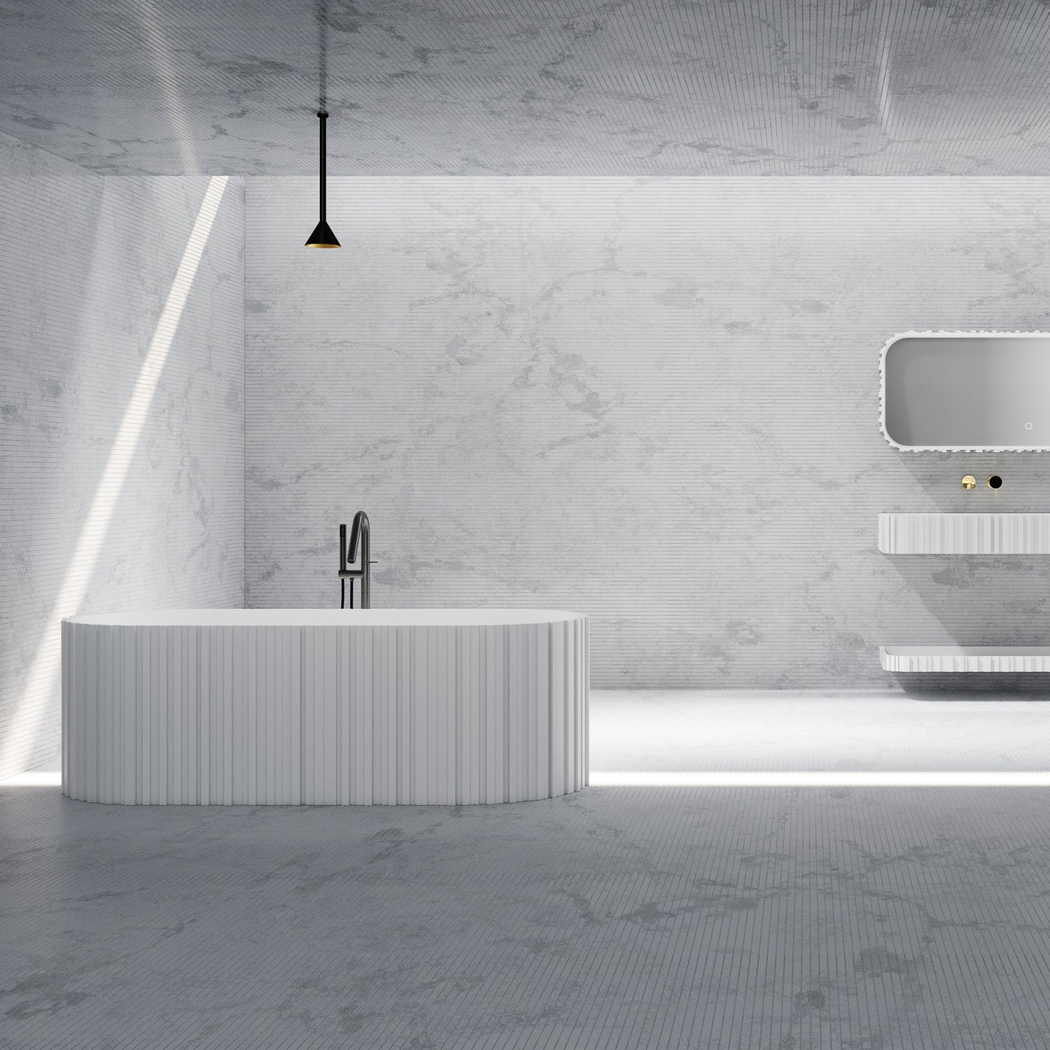 Bewater Bold Series: Freistehende Badewanne aus Solid-Surface, weiß gerillt