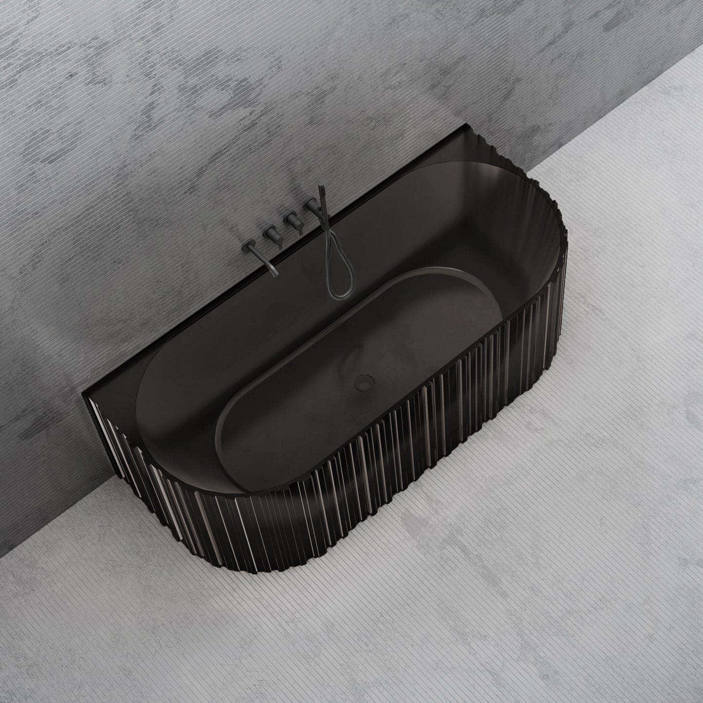 Bewater Vorwand-Badewanne mit vertikaler Außenstruktur, aus Polyresin,  inkl. Ab- und Überlauflaufgarnitur