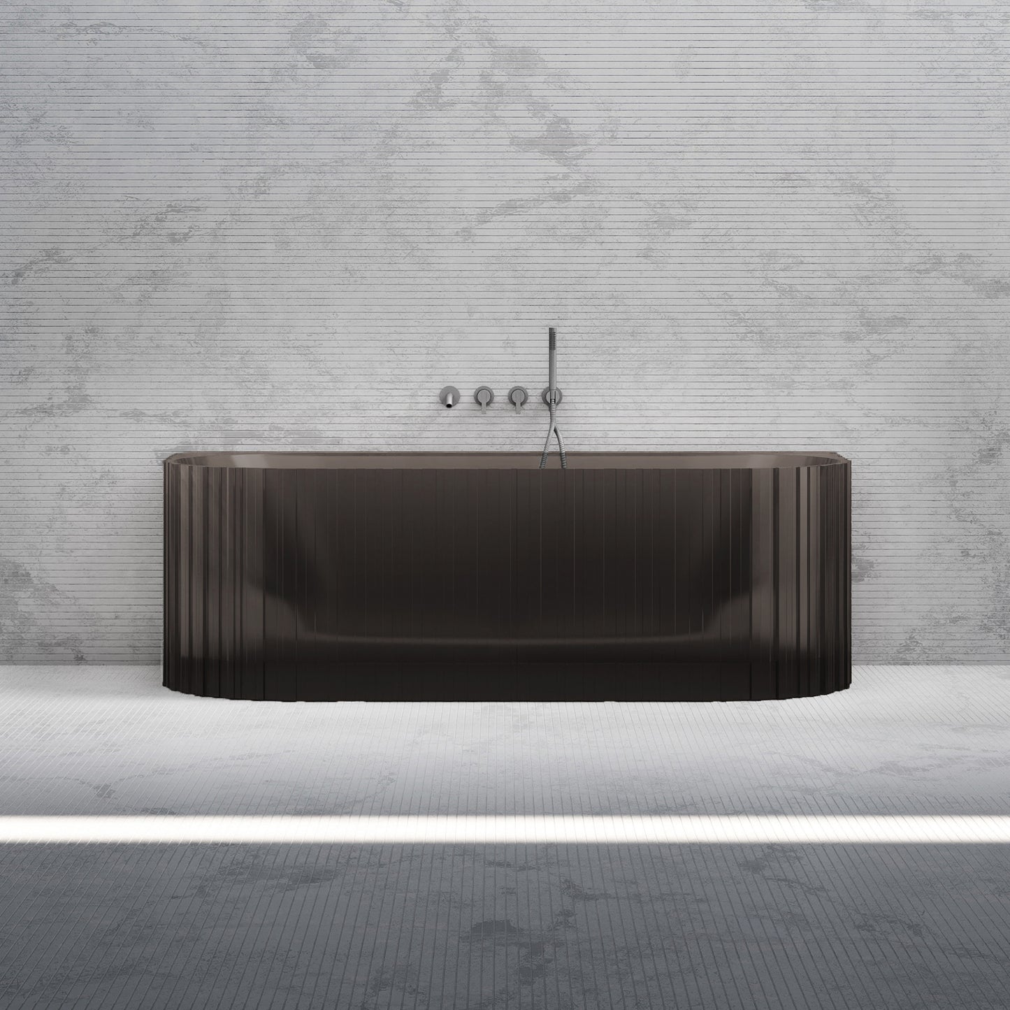 Bewater Vorwand-Badewanne mit vertikaler Außenstruktur, aus Polyresin,  inkl. Ab- und Überlauflaufgarnitur