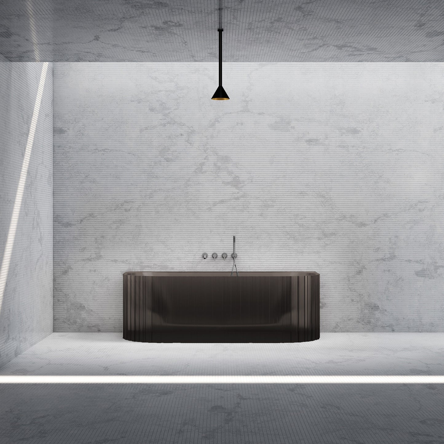 Bewater Vorwand-Badewanne mit vertikaler Außenstruktur, aus Polyresin,  inkl. Ab- und Überlauflaufgarnitur