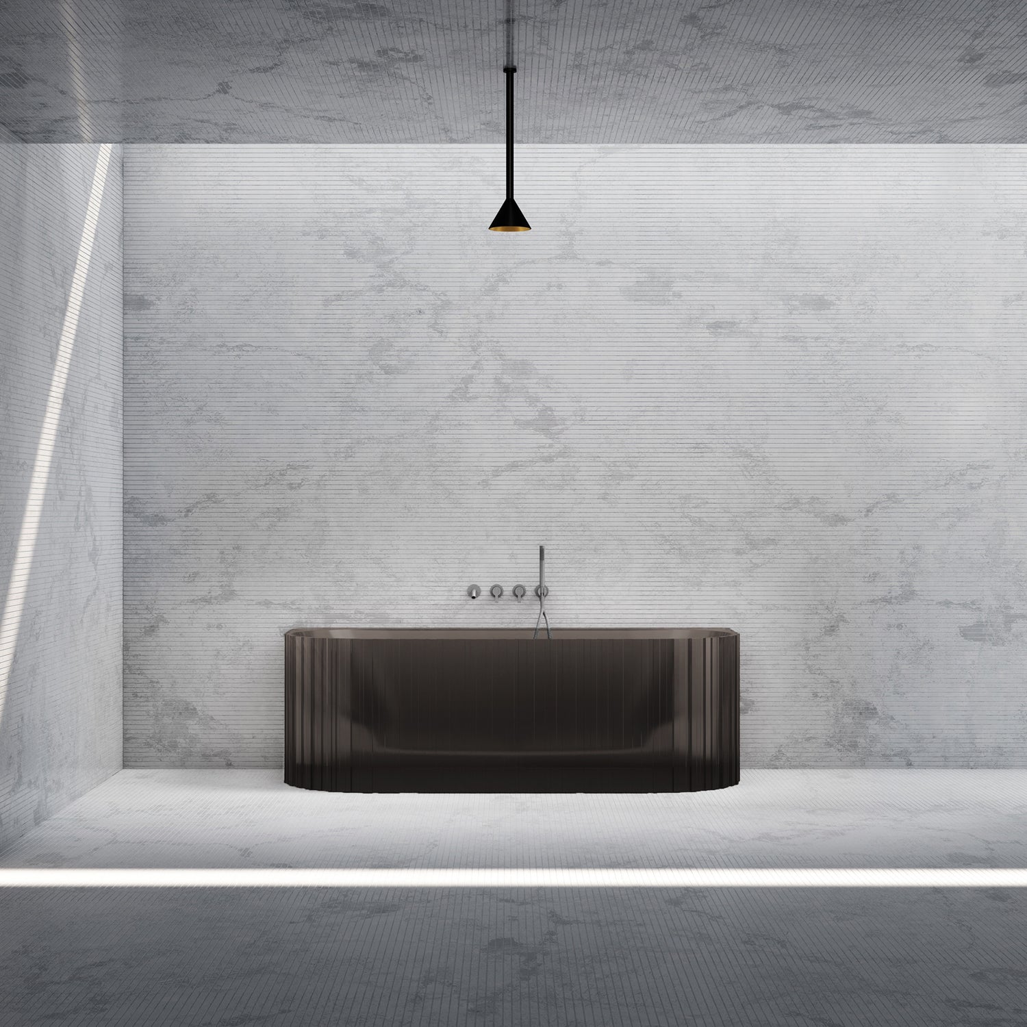 Bewater Vorwand-Badewanne mit vertikaler Außenstruktur, aus Polyresin,  inkl. Ab- und Überlauflaufgarnitur