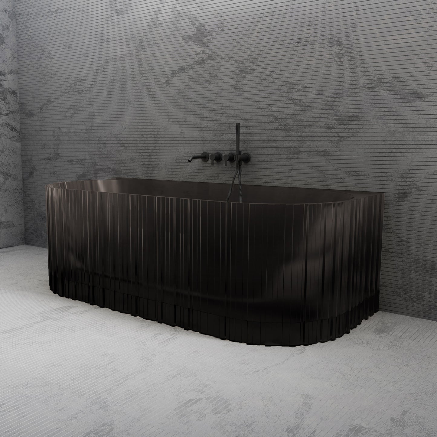 Bewater Vorwand-Badewanne mit vertikaler Außenstruktur, aus Polyresin,  inkl. Ab- und Überlauflaufgarnitur