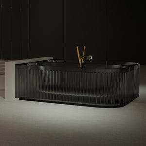 Bewater cornerbathtub left, with vertically grooved outer structure, made of polyresin, including waste and overflow fittings