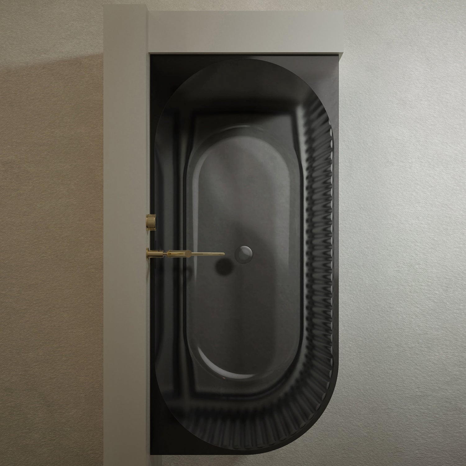 Bewater cornerbathtub right, with vertically grooved outer structure, made of polyresin, including waste and overflow fittings